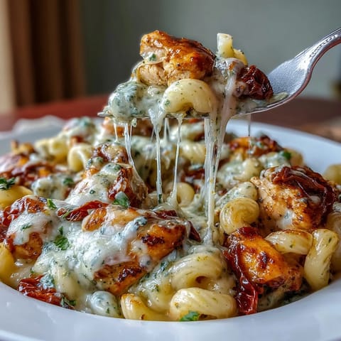 Pesto Chicken Chili Mac served in a skillet with sun-dried tomatoes and a side of crusty bread.