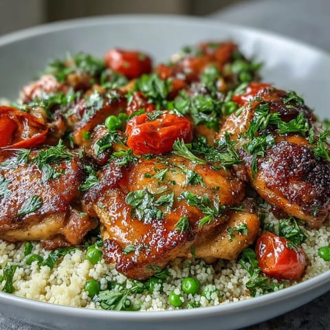 Steam rises from this One-Pan Garlic Butter Chicken Couscous, garnished with fresh parsley and lemon zest near a rustic wooden spoon.