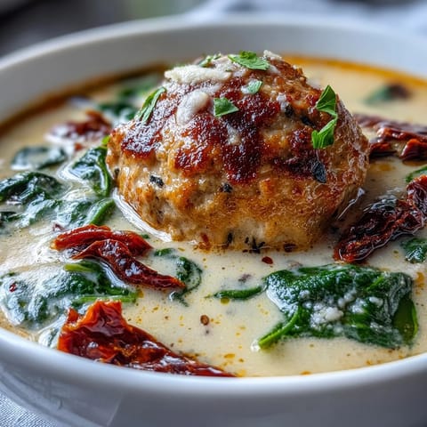 Fresh basil garnishes a ladle of Creamy Tuscan Turkey Meatball Soup beside crusty bread. 