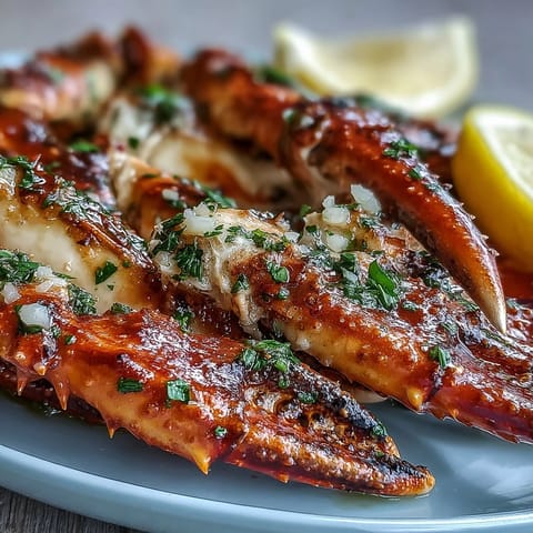 Golden baked Keto Garlic Butter Crab Legs with Lemon Wedges rest on foil, steam rising beside melted butter.