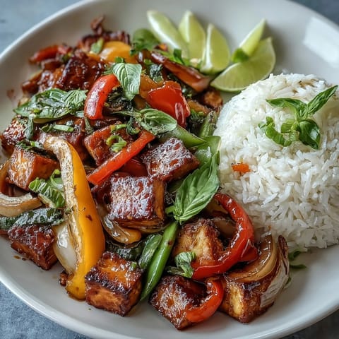 Vegan Thai Basil Tofu Stir-Fry served over fluffy jasmine rice with lime wedges for squeezing.
