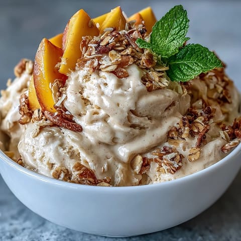 Creamy vegan mango coconut ice cream with crunchy toasted oats in a refreshing tropical dessert bowl.  