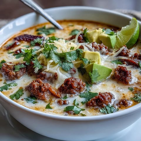 Rich and creamy taco soup with ground beef, cheddar cheese, and avocado, perfect for low-carb comfort.  