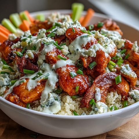 Keto Buffalo Chicken Cauliflower Rice Bowls with spicy chicken, crisp veggies, and creamy ranch drizzle on low-carb cauliflower rice.