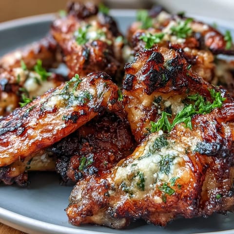 Golden-brown, tender wings coated in savory garlic parmesan butter, paired with crunchy celery and a side of cool, tangy ranch for a low-carb main dish.  