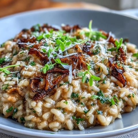 Rich, aromatic risotto infused with truffle oil, finished with crisp pea shoots and Parmesan for a luxurious Italian dinner.  