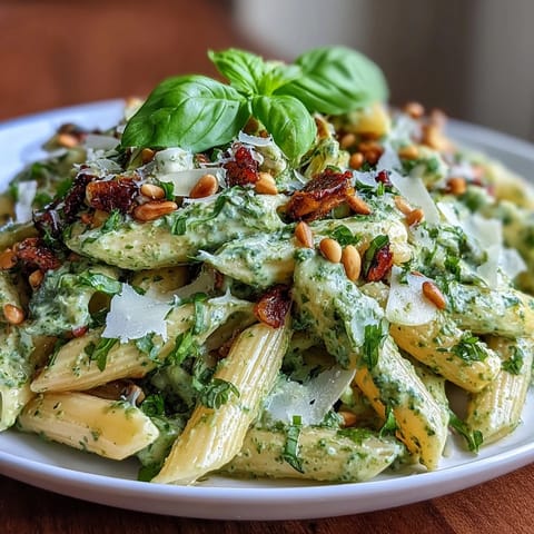 Creamy penne pasta with light cream cheese pesto, fresh basil, and toasted pine nuts in a vibrant Italian dish.  