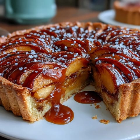 Decadent salted caramel apple tart with golden buttery crust, warm spiced apples, and rich homemade caramel sauce drizzled on top.