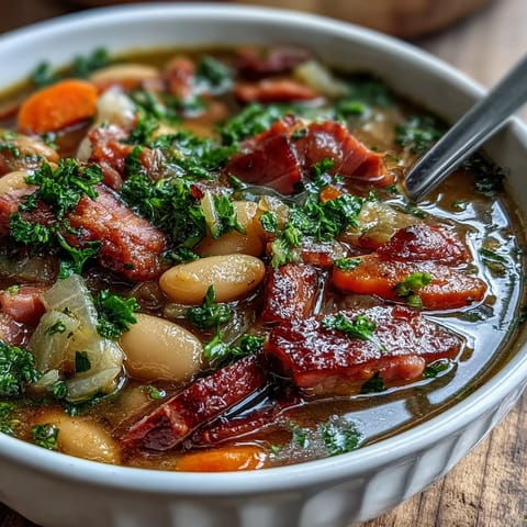 Warm Italian Ham and Cannellini Bean Stew with diced ham, cannellini beans, and fresh spinach simmered to perfection.  