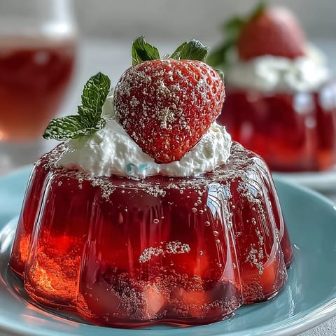 Festive Valentine strawberry champagne jello shots with sparkling bubbles and fresh strawberry garnish.  