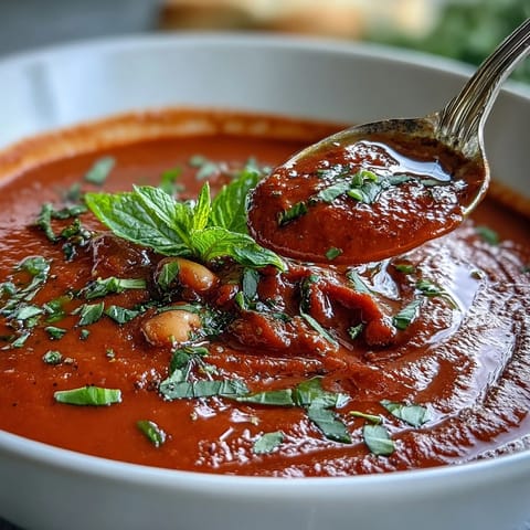 Silky smooth roasted red pepper and white bean soup served with crusty bread for a hearty, vegetarian meal.  