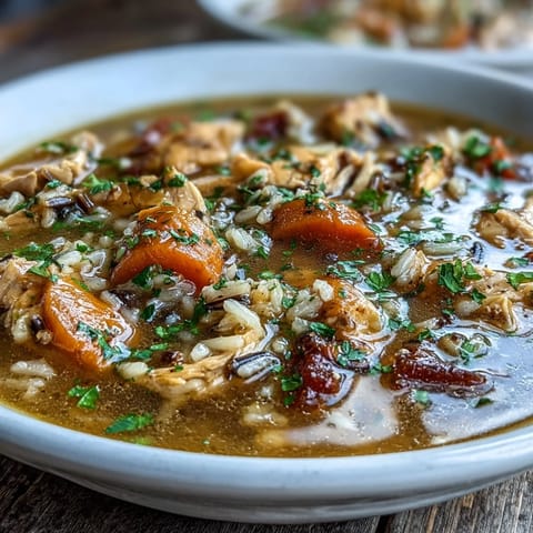 A steaming bowl of chicken and wild rice soup with carrots, celery, and tender shredded chicken in a savory broth.