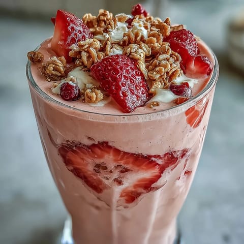 2. Refreshing strawberry shortcake protein smoothie topped with sliced strawberries, perfect for post-workout recovery or breakfast.  