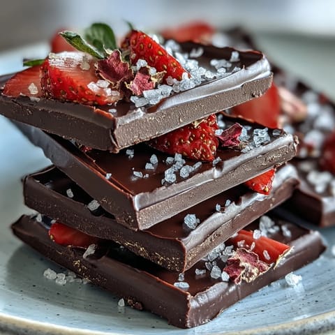 Luxurious dark chocolate bark topped with freeze-dried strawberries, pistachios, and edible gold leaf for elegance.