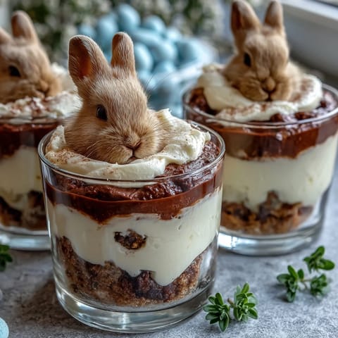 Adorable Easter bunny dirt cups with chocolate pudding, crushed cookies, and marshmallow bunnies for festive fun.