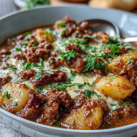 Shepherds Pie Soup with Ground Beef and Veggies in a rustic bowl, steaming hot and topped with fresh parsley.