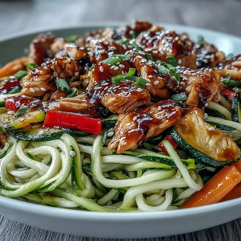 A colorful, healthy zucchini noodle stir fry with juicy chicken and crisp vegetables in a savory Asian sauce.