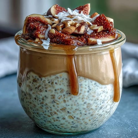 Healthy overnight oats with strawberries and chia seeds in a glass jar, topped with fresh berries and nuts, ready for a nutritious breakfast.