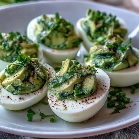 Vibrant green avocado deviled eggs garnished with chives and dill, served chilled for spring gatherings.  