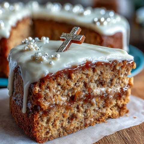 First Communion Cake with white roses and cross topper, elegant vanilla sponge layered with silky buttercream and delicate fondant flowers.