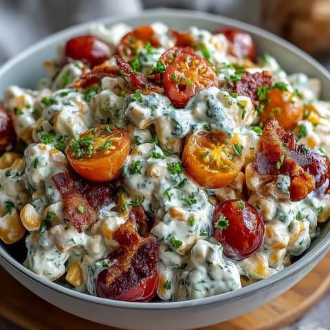 A colorful bowl of Creamy Corn Salad with Jalapeño, featuring crunchy vegetables and a creamy, smoky dressing for a refreshing bite.  