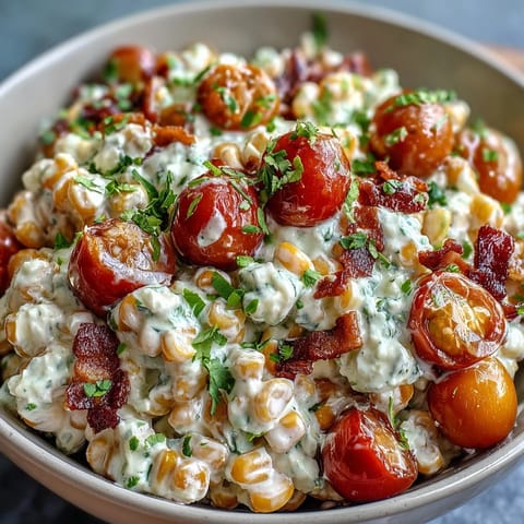 Creamy Corn Salad with Jalapeño, a vibrant mix of sweet corn, tomatoes, and jalapeño in a tangy dressing. Perfect summer side dish.  