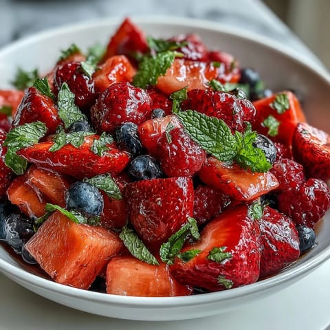 Vibrant strawberry lemonade fruit salad with fresh berries, juicy pineapple, and sweet watermelon in a zesty citrus dressing.