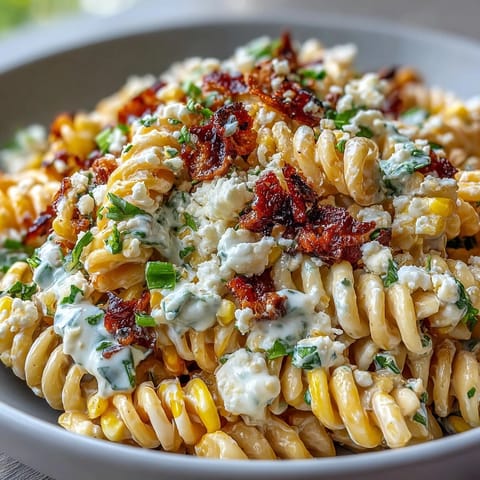 Vibrant Elote Corn Pasta Salad with creamy Cotija cheese and charred sweet corn, perfect for summer gatherings.  