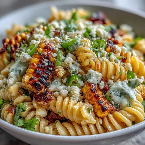 Creamy Mexican street corn-inspired pasta salad with zesty lime dressing, smoky paprika, and crumbled Cotija cheese.  
