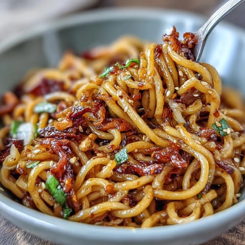 Vibrant chili crisp noodles tossed with crisp vegetables, aromatic garlic, and a bold, umami-rich chili oil sauce.