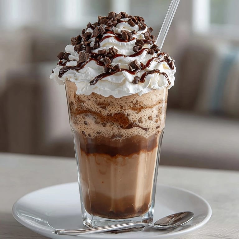 Creamy iced mocha frappe espresso beans drink with rich chocolate syrup and fresh toppings