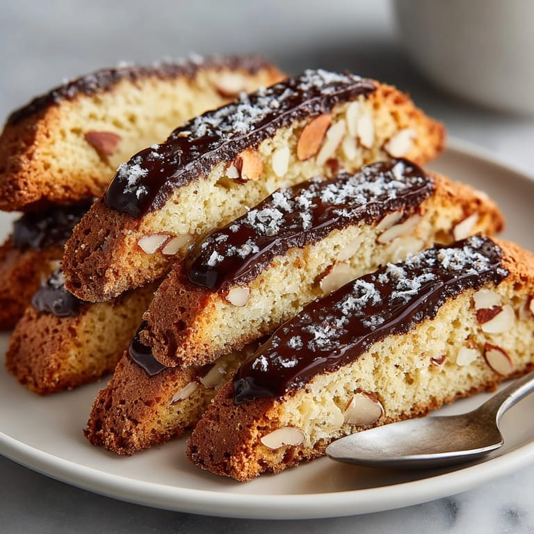 Close-up of chocolate dipped almond biscotti, perfect for coffee breaks or cozy dessert platters.