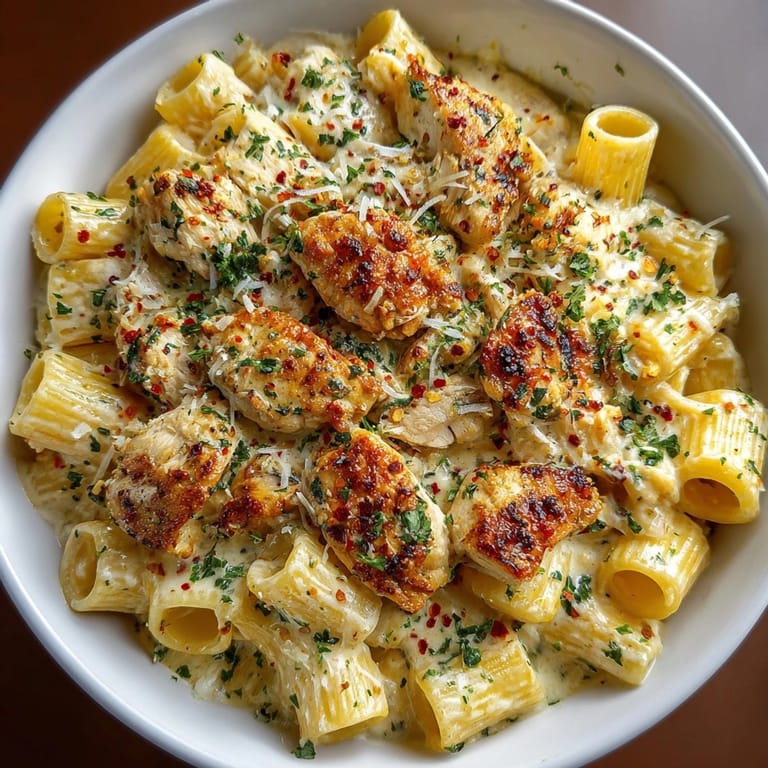 Hearty garlic butter chicken rigatoni Parmesan plated for dinner, creamy sauce clinging to each pasta tube.