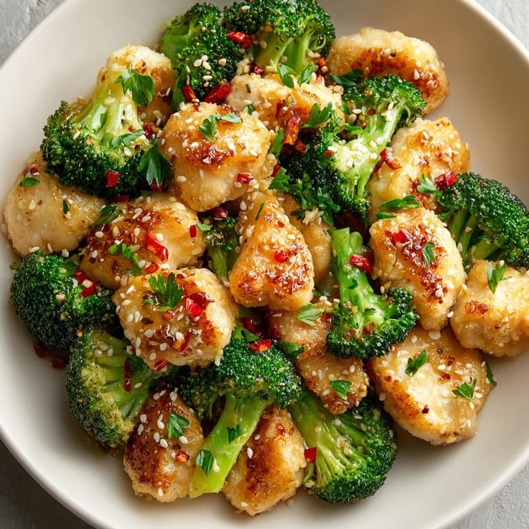 Hearty garlic butter chicken broccoli plated over fluffy rice, garnished with fresh parsley and sesame seeds.