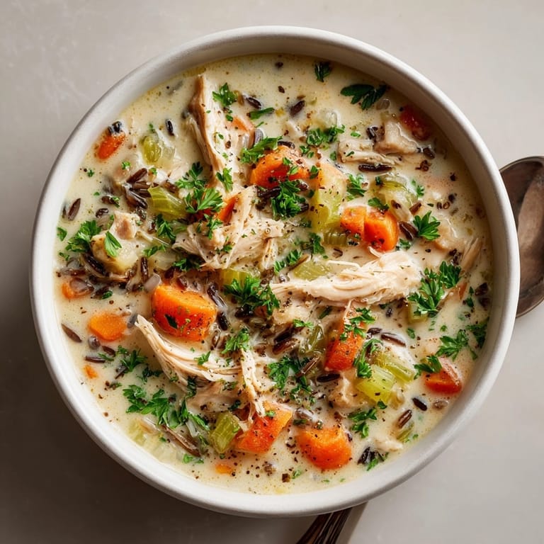 Close-up of creamy chicken wild rice soup, loaded with tender chicken, wild rice, and vibrant vegetables.