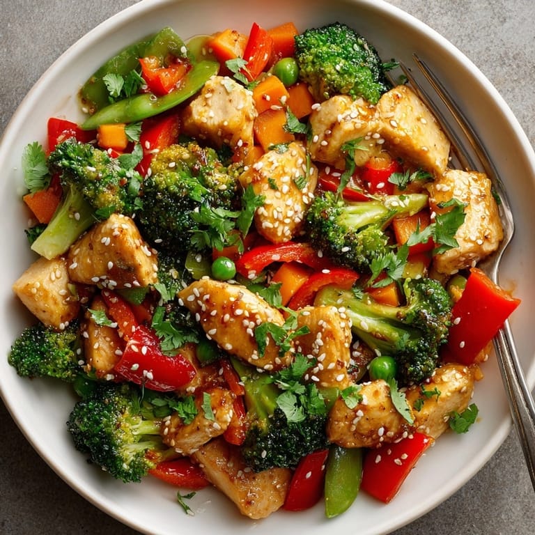 Vibrant No-Fuss 20-Minute Stir-Fry on steamed rice, garnished with sesame seeds and fresh cilantro.