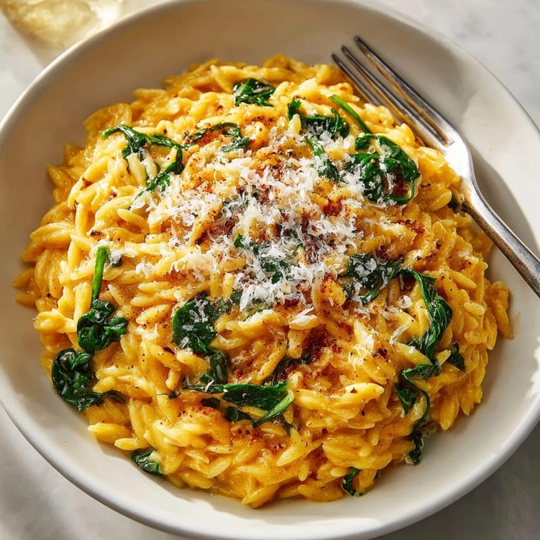 A steaming bowl of One-Pot Pumpkin Parmesan Orzo, showcasing the golden orzo and melted Parmesan.