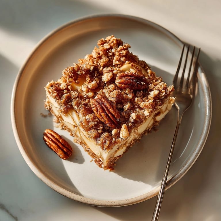 Close-up of an apple cider crumble crunch slab slice, showing layers of apple filling and crumble.