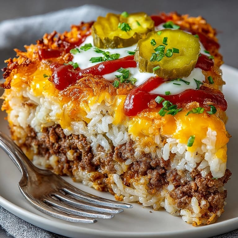 A warm, cheesy Crispy Onion Cheeseburger Rice Bake photo showing melted cheese and pickle garnish.