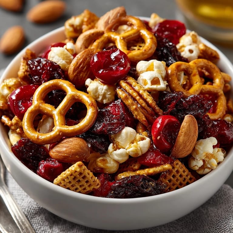 Close-up of a spicy, sweet, and salty Cherry Hot Honey Pretzel Snack Mix with visible ingredients.