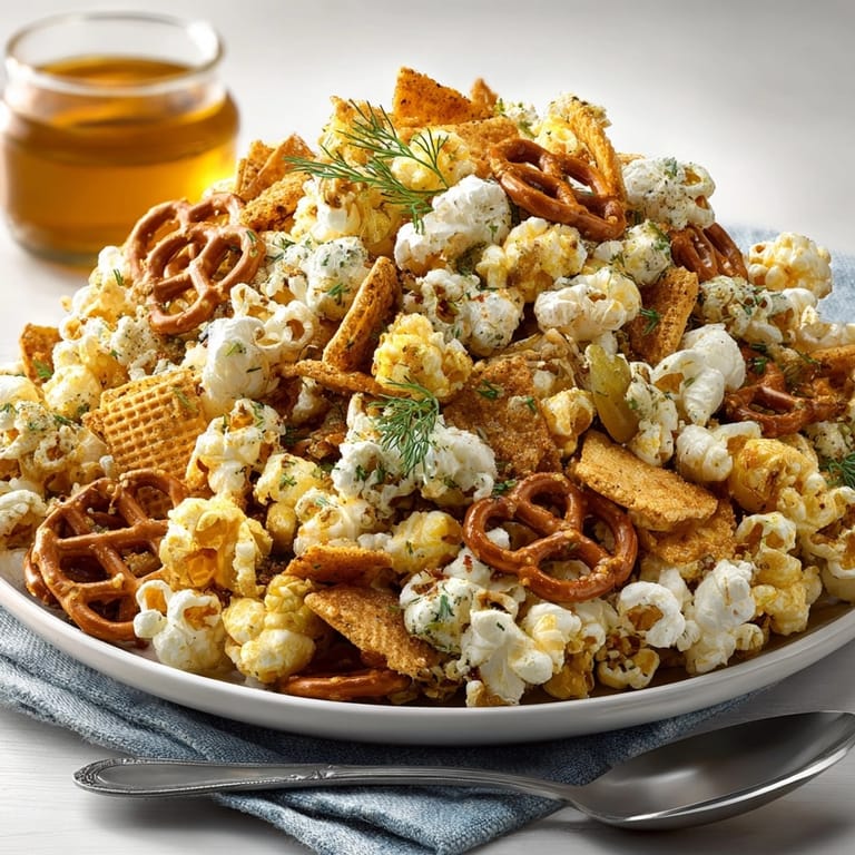 This batch of Pickle-Fix Ranch Popcorn Party Mix is inviting with its crisp texture and savory seasonings.