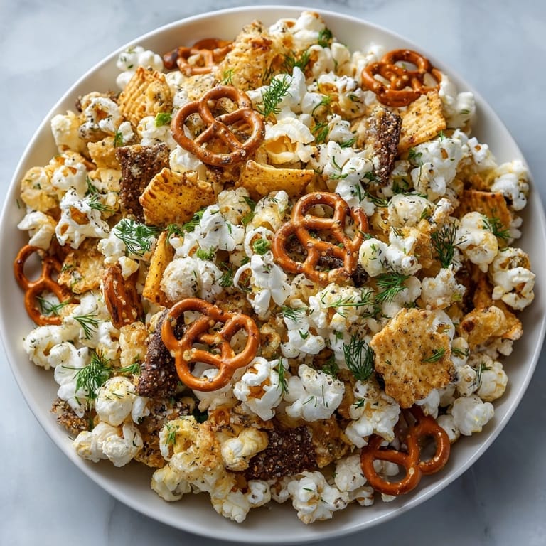 Golden-brown Pickle-Fix Ranch Popcorn Party Mix, ready to devour, a fun and tasty appetizer to make.