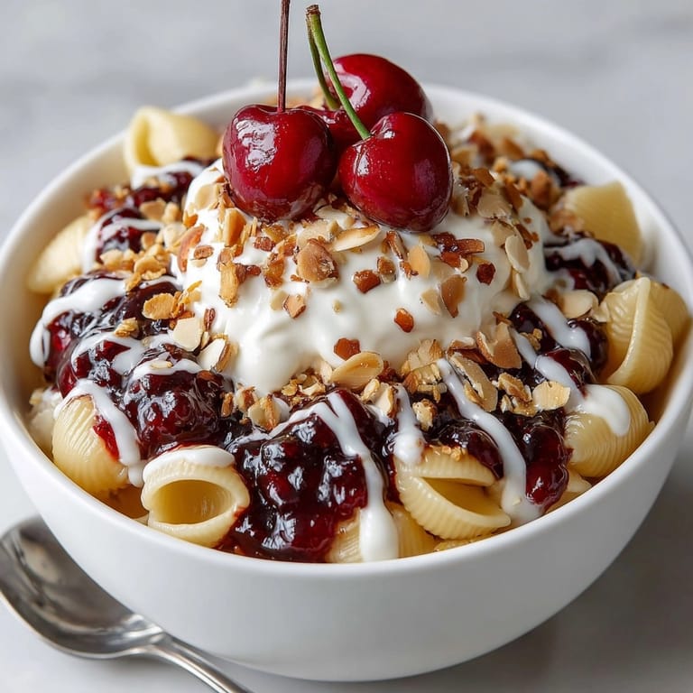 Warm, inviting Cherry Pie Breakfast Pasta Bowl, with colorful cherry sauce drizzled over the pasta.