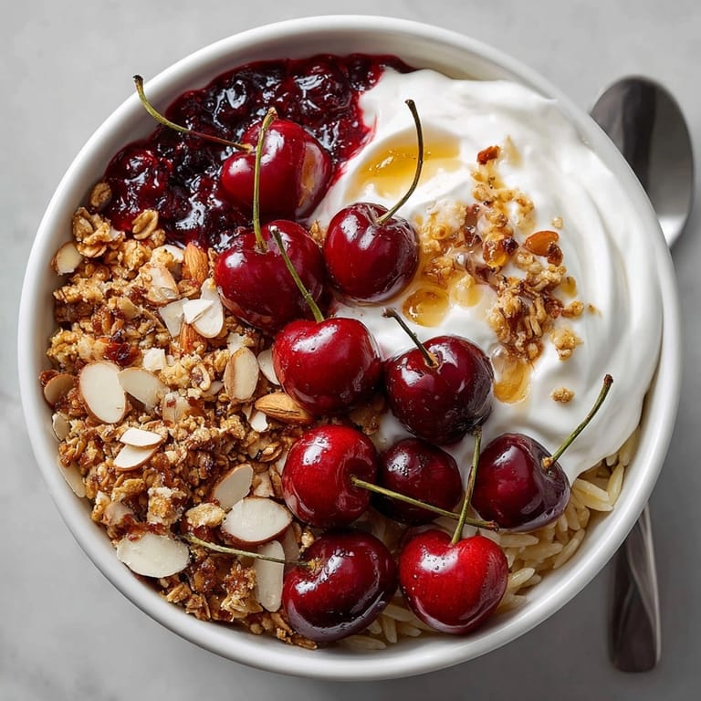 Perfectly arranged Cherry Pie Breakfast Pasta Bowl, topped with crunchy granola for a delightful textural contrast.