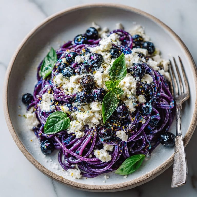Blacklight illuminated bowl of "Glow in the Dark" Halloween Blueberry Pasta, perfect for your Halloween celebration.