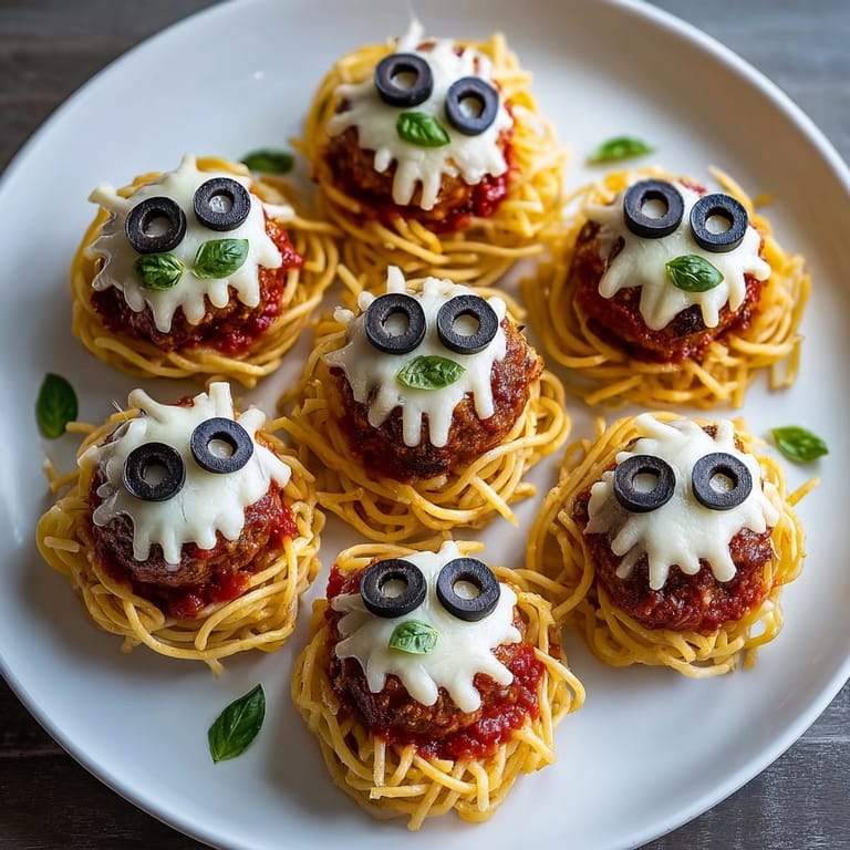 Delicious Monster Mash Meatball Pasta, garnished with olives, showing flavorful meatballs and appealing pasta nests.
