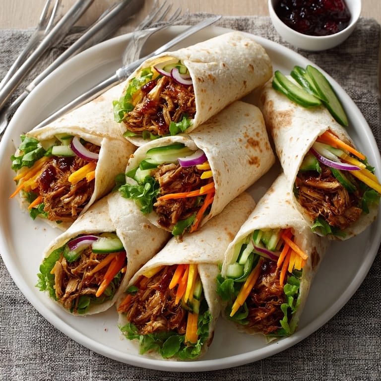 Mouthwatering, easy-to-make cranberry BBQ pulled chicken wraps, perfect for a quick lunch.
