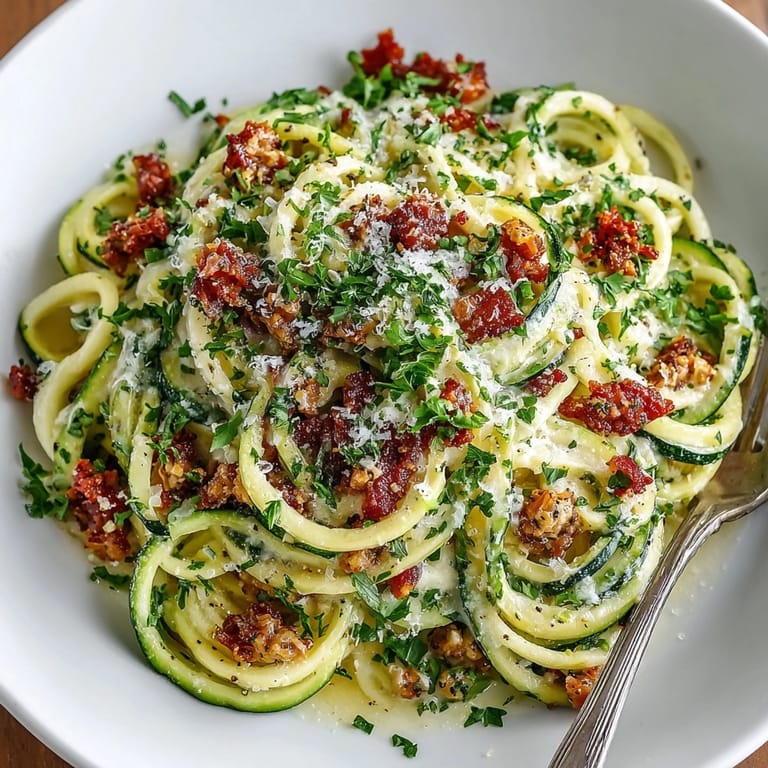 A vibrant image of Zucchini Noodle Carbonara, ready to serve with fresh parsley garnish and crunchy turkey bacon.