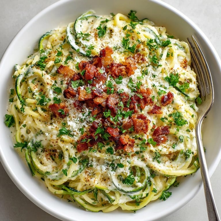Creamy Zucchini Noodle Carbonara featuring crumbled turkey bacon, waiting to be enjoyed as a gluten-free, low-carb dinner.