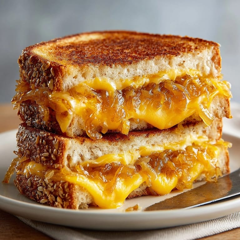 Close-up of grilled cheese with caramelized onions oozing sharp cheddar, perfect for a cozy lunch.